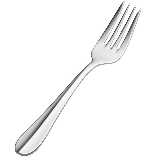 A close-up of a Bon Chef stainless steel fork with a silver handle.