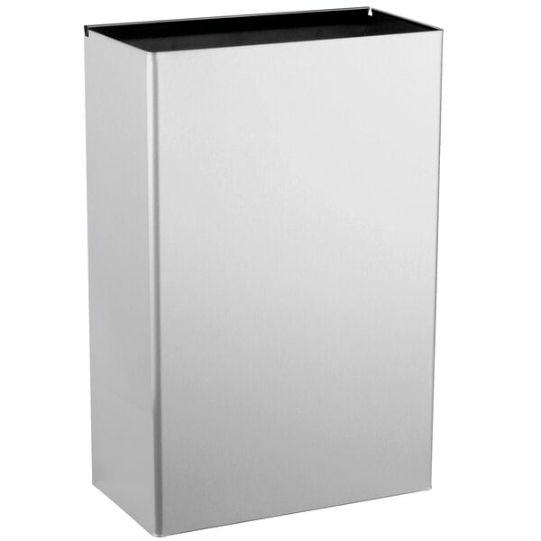 A white rectangular stainless steel Bobrick trash receptacle with a black lid.