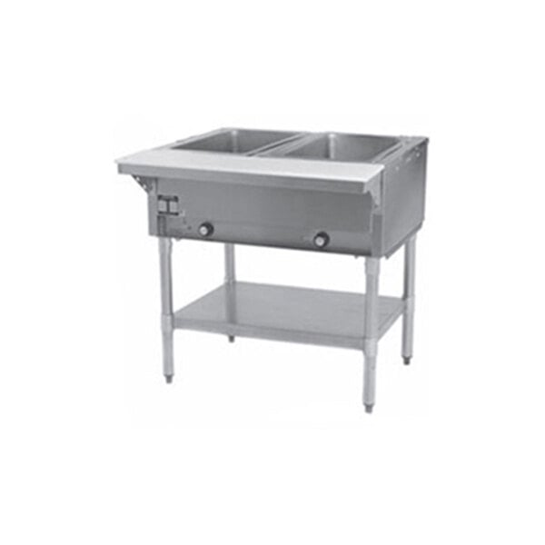 A stainless steel two-compartment steam table with an open lower shelf and four legs.