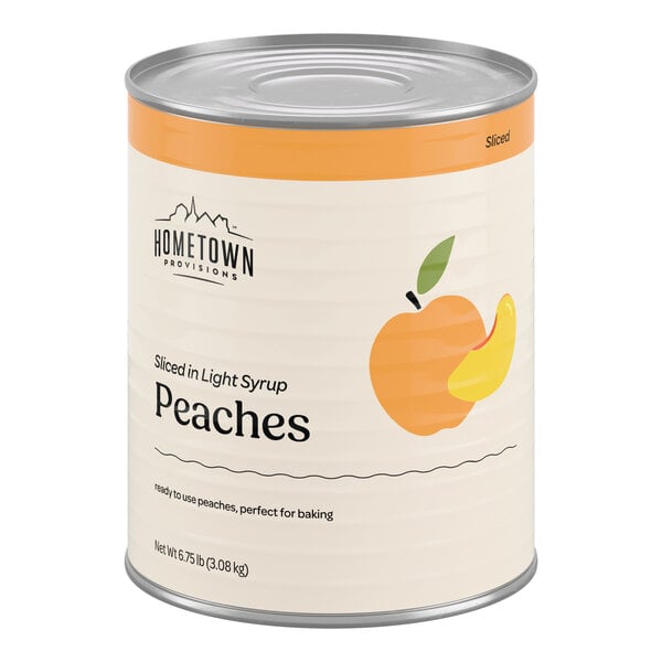 A large can of Hometown Provisions sliced peaches in light syrup.