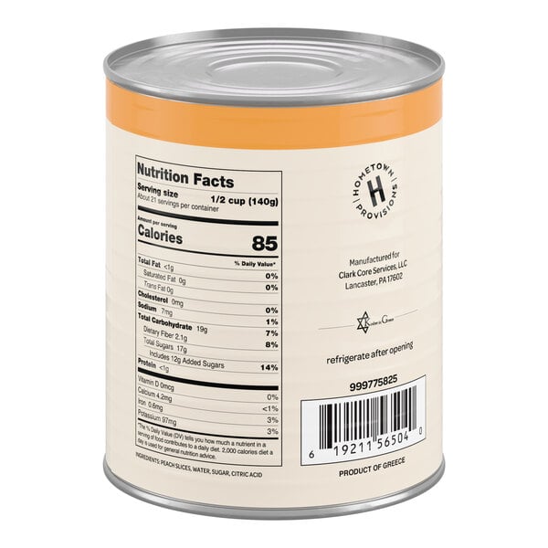 A large can of Hometown Provisions sliced peaches in light syrup.
