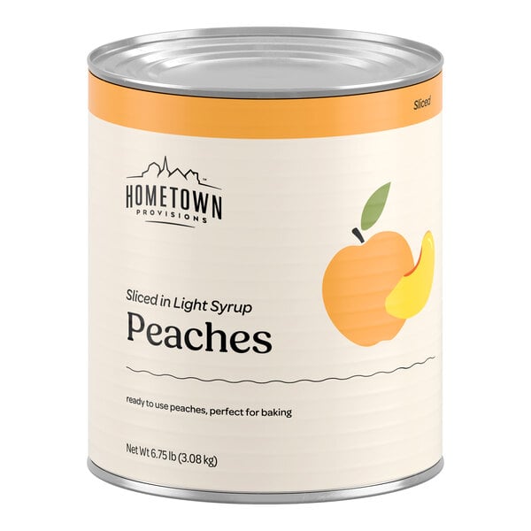 A large can labeled 'Peaches' with an illustration of a peach and a peach slice on the front.