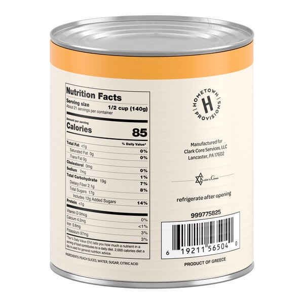 A can with a nutrition facts label, barcode, and product information printed on the back, including serving size, calories, and manufacturer details.