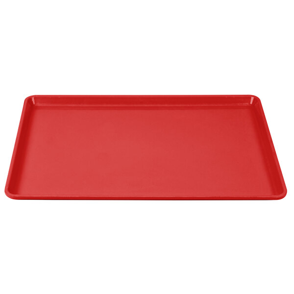 A red rectangular Cambro dietary tray with a white border.