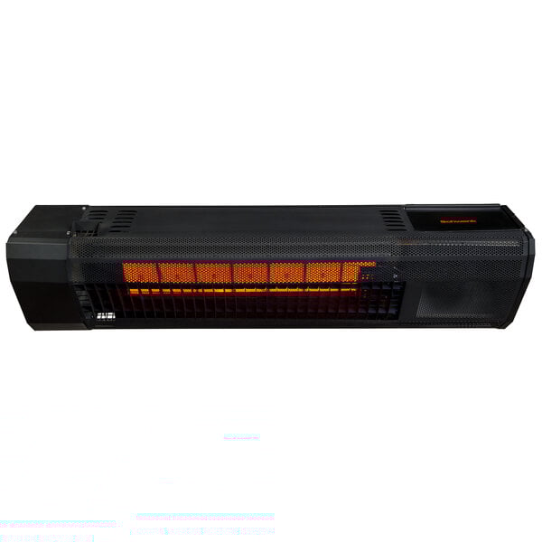 A black rectangular Schwank outdoor patio heater with orange lights.