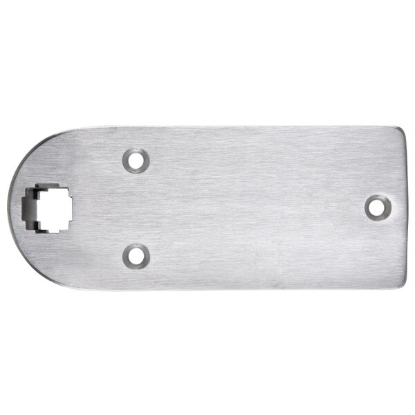 A stainless steel Edlund base clamp with holes in it.