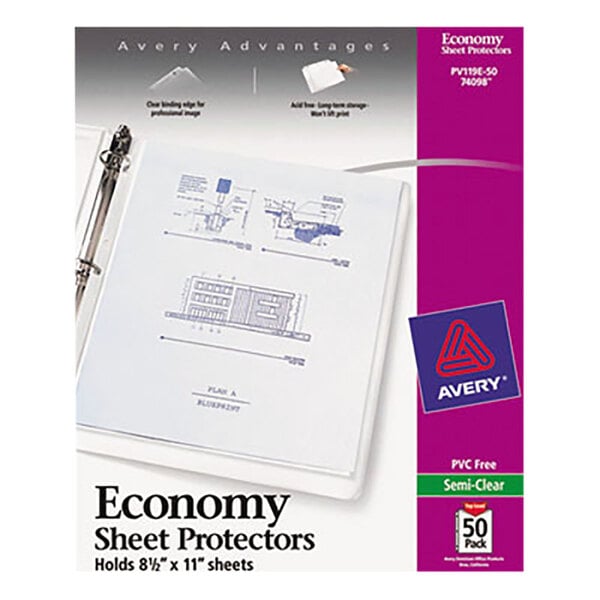 A package of Avery economy sheet protectors with a white sheet protector and blueprints inside.