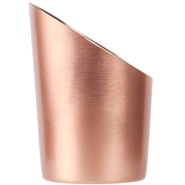 An American Metalcraft satin copper French fry cup with a curved edge.