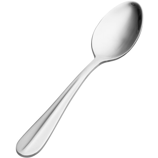 A close-up of a Bon Chef stainless steel spoon with a silver handle.