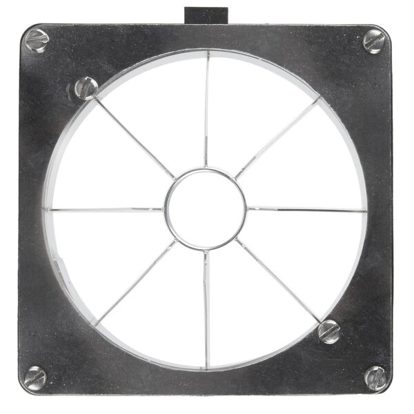 A metal circular blade assembly with holes.