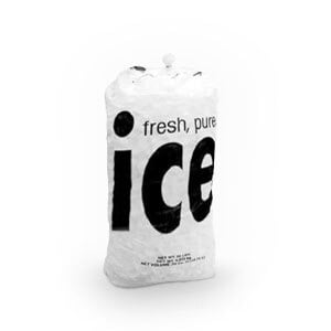 A close-up of a Follett wicketed ice bag with the words "Fresh Pure" on the label.