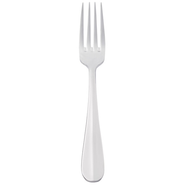 A close-up of a Bon Chef stainless steel dinner fork with a white handle.