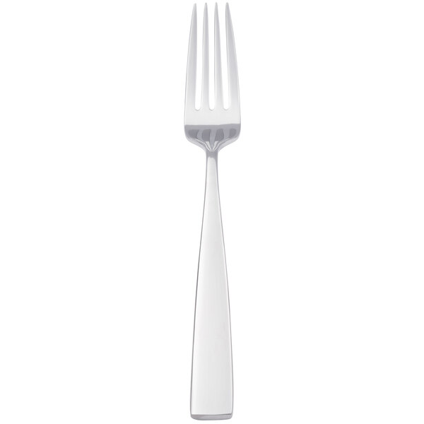 A silver Bon Chef dinner fork with a white handle.