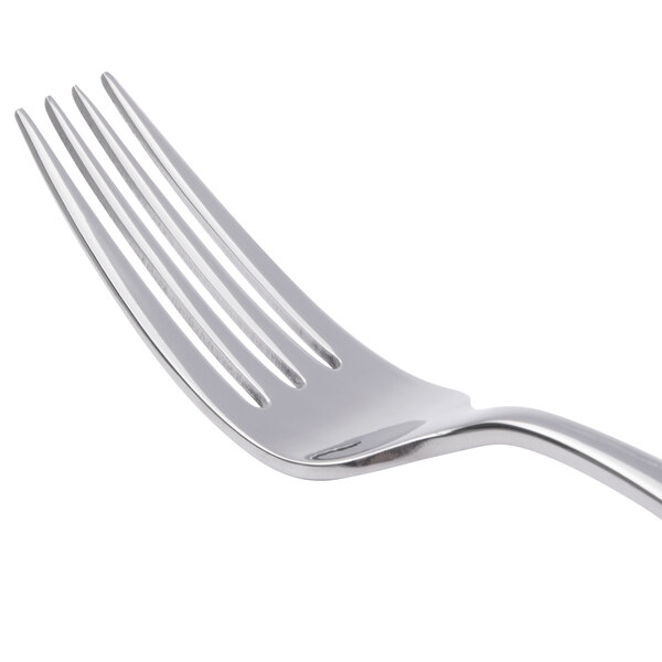A close-up of a Bon Chef stainless steel dinner fork with a silver handle.