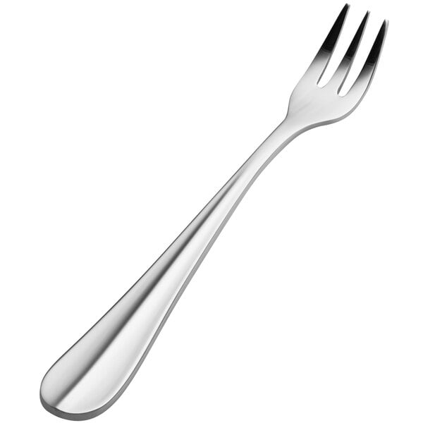 A close-up of a Bon Chef stainless steel cocktail fork with a silver handle.