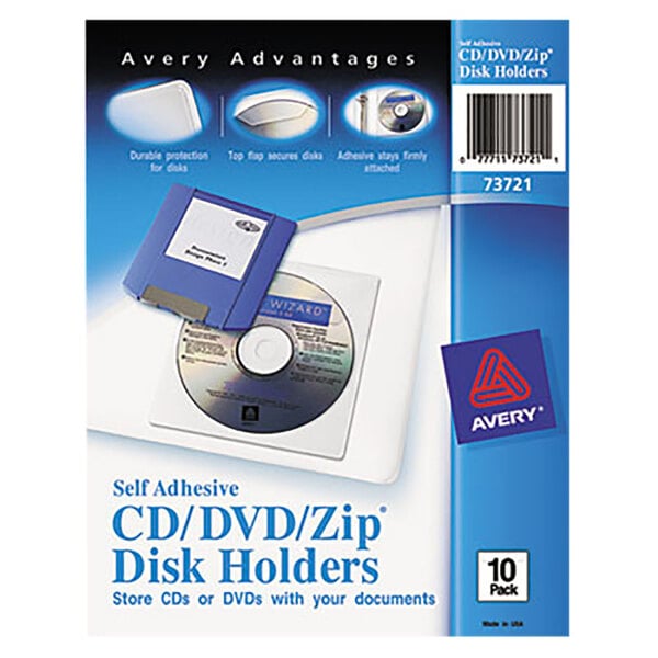 A package of blue and white Avery CD/DVD/Zip drive pockets with a blue label.