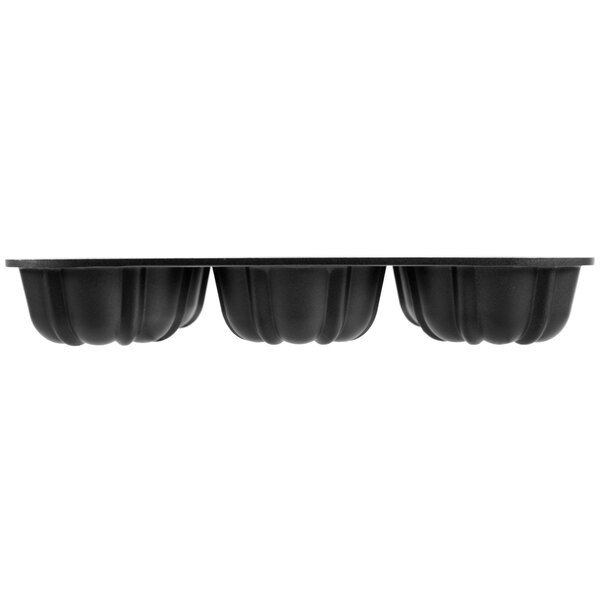 A Chicago Metallic black aluminum mini cake pan with 6 compartments.