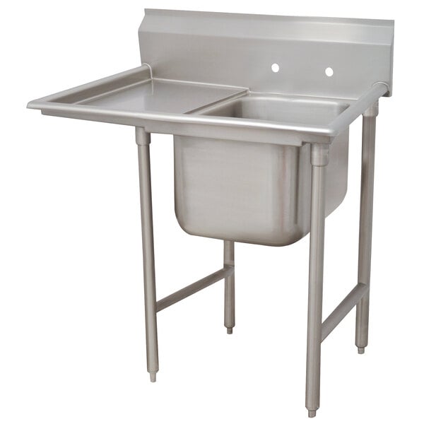 A stainless steel Advance Tabco sink with one drainboard on the left.