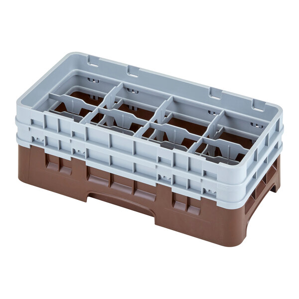 A brown plastic Cambro glass rack with 8 compartments and 2 extenders.