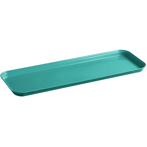A green rectangular Cambro market tray with a handle.