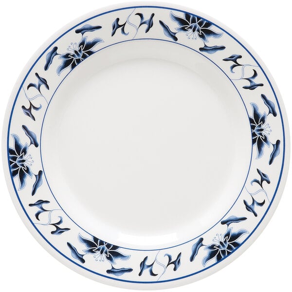 A white GET melamine plate with blue flowers on it.