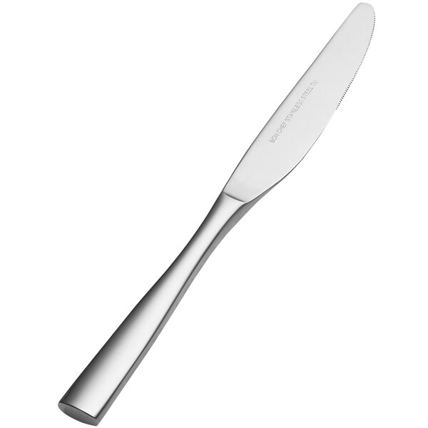 A Bon Chef stainless steel dinner knife with a solid silver handle.