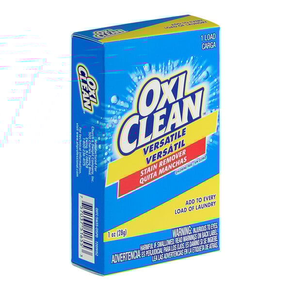 An OxiClean box for coin vending machines with blue, yellow, red, and white text.