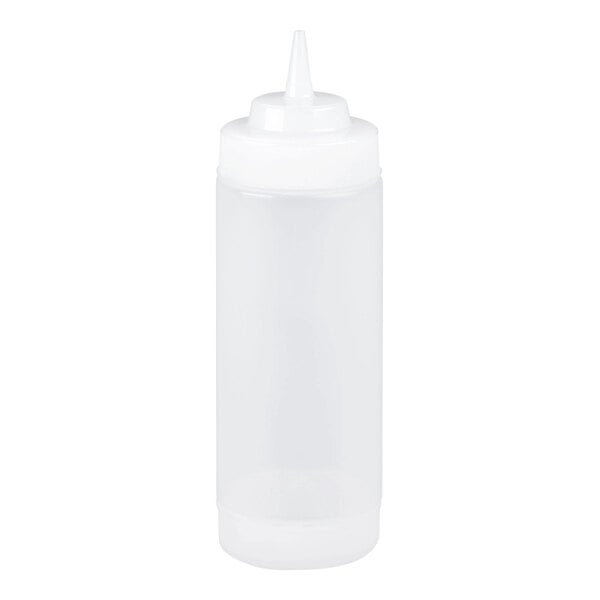 A clear plastic 16 oz. squeeze bottle with a wide mouth and cone tip opening.