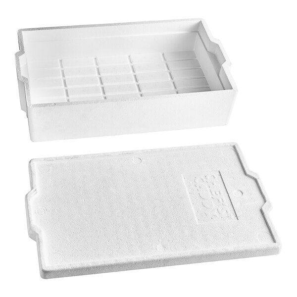 A white Lifoam foam food pan carrier with a white foam lid.