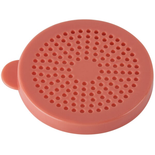 A pink plastic Tablecraft cheese shaker lid with holes.
