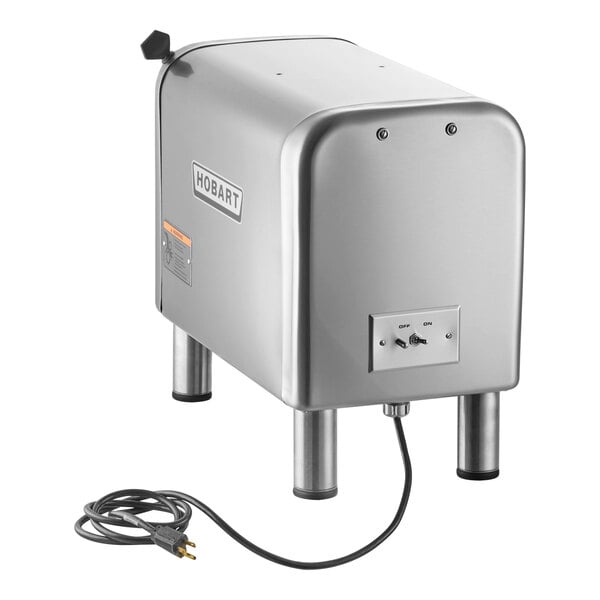 A stainless steel Hobart #22 meat grinder and chopper with a power cord and on/off switch.
