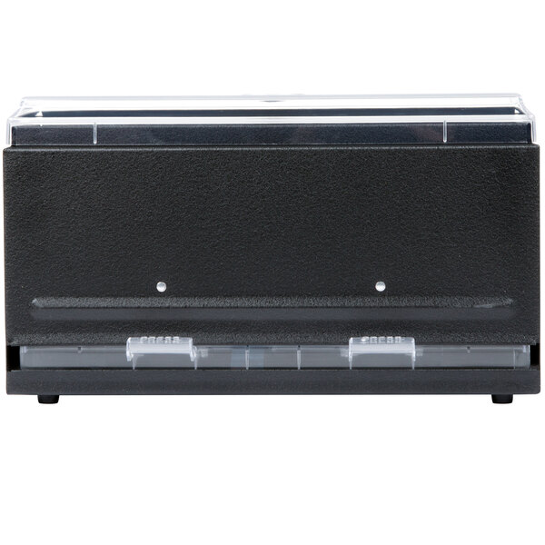 A black rectangular Vollrath Straw Boss dispenser on a counter.