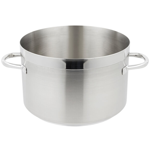 A close-up of a Vollrath stainless steel sauce pot with handles.