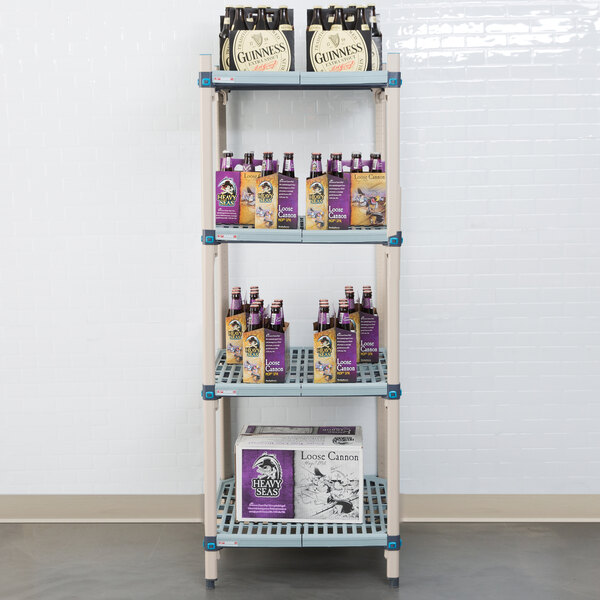 A MetroMax Q shelf with beer bottles and boxes on it.
