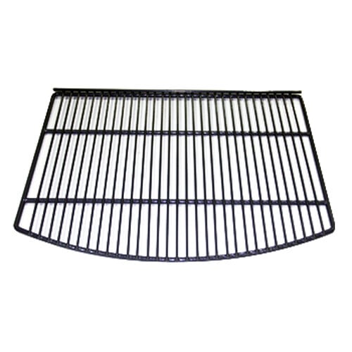 A gray coated wire shelf for a merchandiser refrigerator with shelf clips.