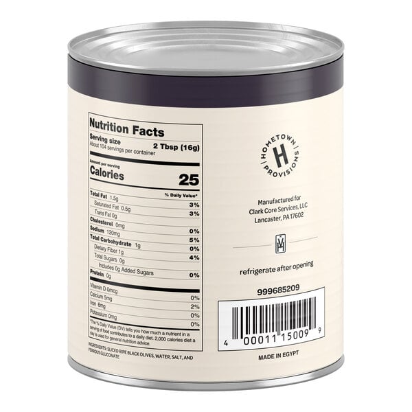 A large metal can with a beige label displaying nutrition facts, a barcode, and product information, including the manufacturer and origin.