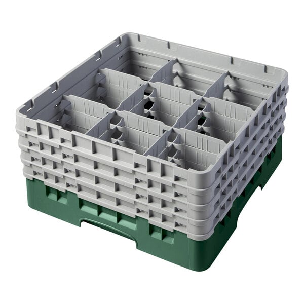 A green and gray Cambro plastic rack with nine compartments.