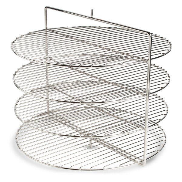 A stainless steel Nemco rack with four round metal shelves.