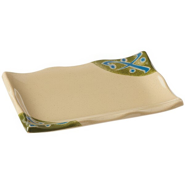 A GET rectangular plate with a blue and green design.