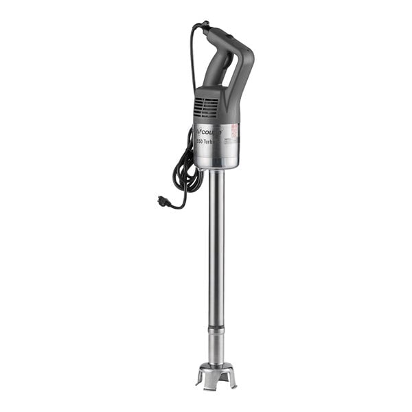 A silver and black Robot Coupe MP550 Turbo immersion blender with a cord.