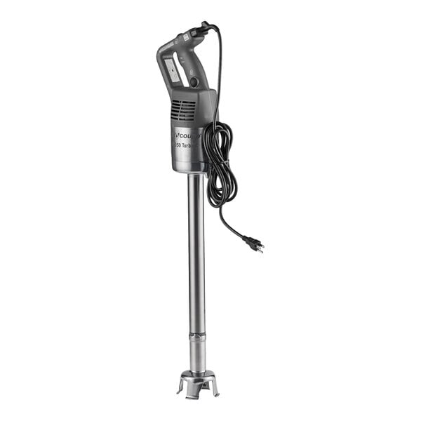 A close-up of a silver and black Robot Coupe immersion blender.
