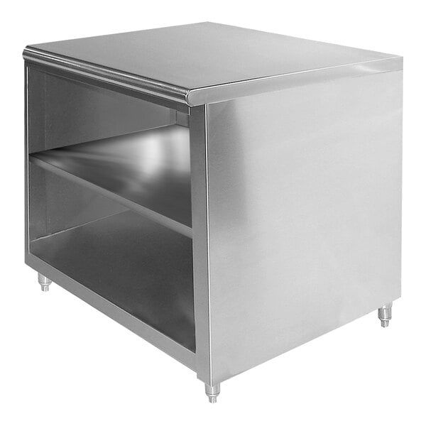 Advance Tabco EB-SS-303M 30" x 36" 14 Gauge Open Front Cabinet Base Work Table with Fixed Mid Shelf