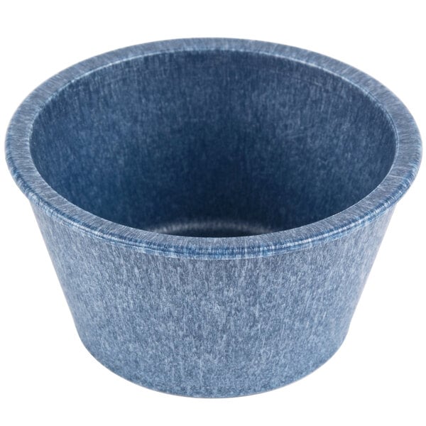 A blue HS Inc. polyethylene ramekin on a table.