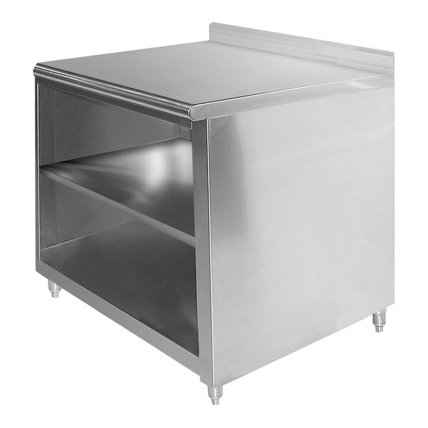 Advance Tabco EK-SS-243M 24" x 36" 14 Gauge Open Front Cabinet Base Work Table with Fixed Midshelf and 5" Backsplash