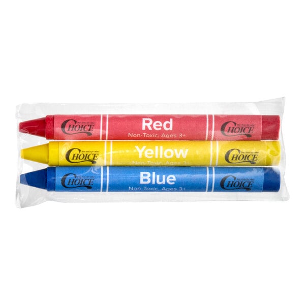 Three crayons—red, yellow, and blue—are packaged together in a clear plastic wrapper.