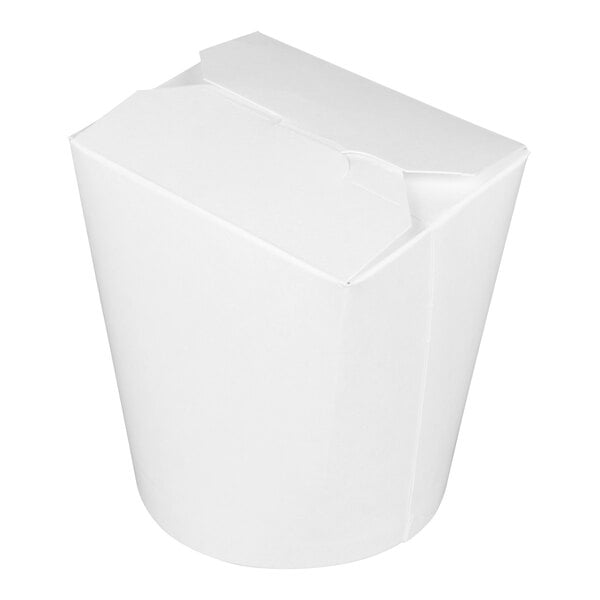 A white 16 oz. microwavable paper take-out container with a closed top.