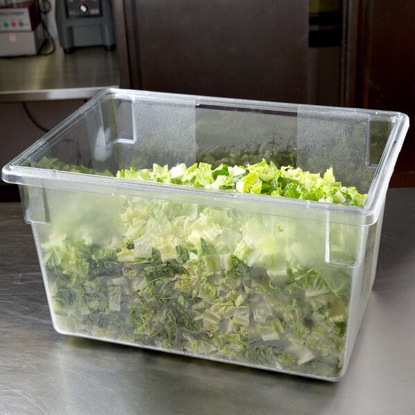 A Rubbermaid clear polycarbonate food storage box filled with lettuce on a black surface.