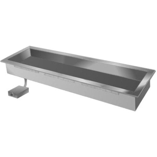 A Delfield drop-in hot food well with rectangular metal containers in a metal tray on a counter.