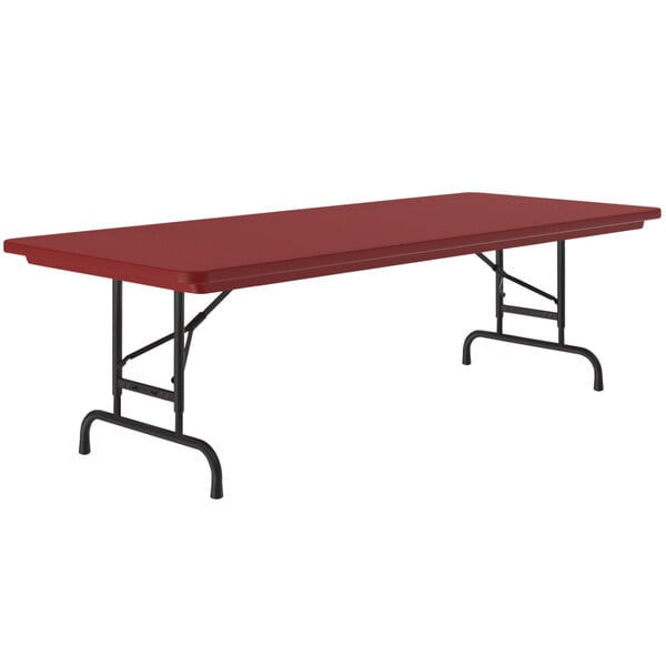 A red rectangular Correll folding table with black legs.