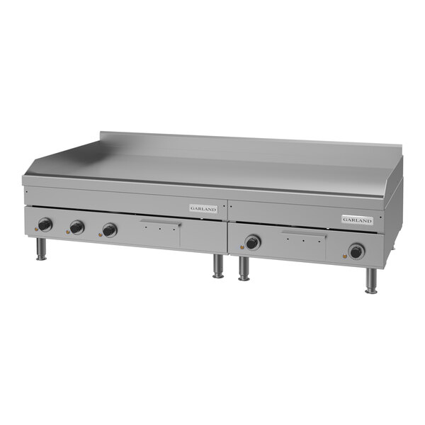 A large, stainless steel, heavy-duty electric countertop griddle with multiple control knobs and sturdy legs.